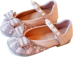 Toddler Flower Girl Dress Shoes Rhinstones Pearls Bow Mary Jane Ballet Flats Wedding Party Girls Shoes