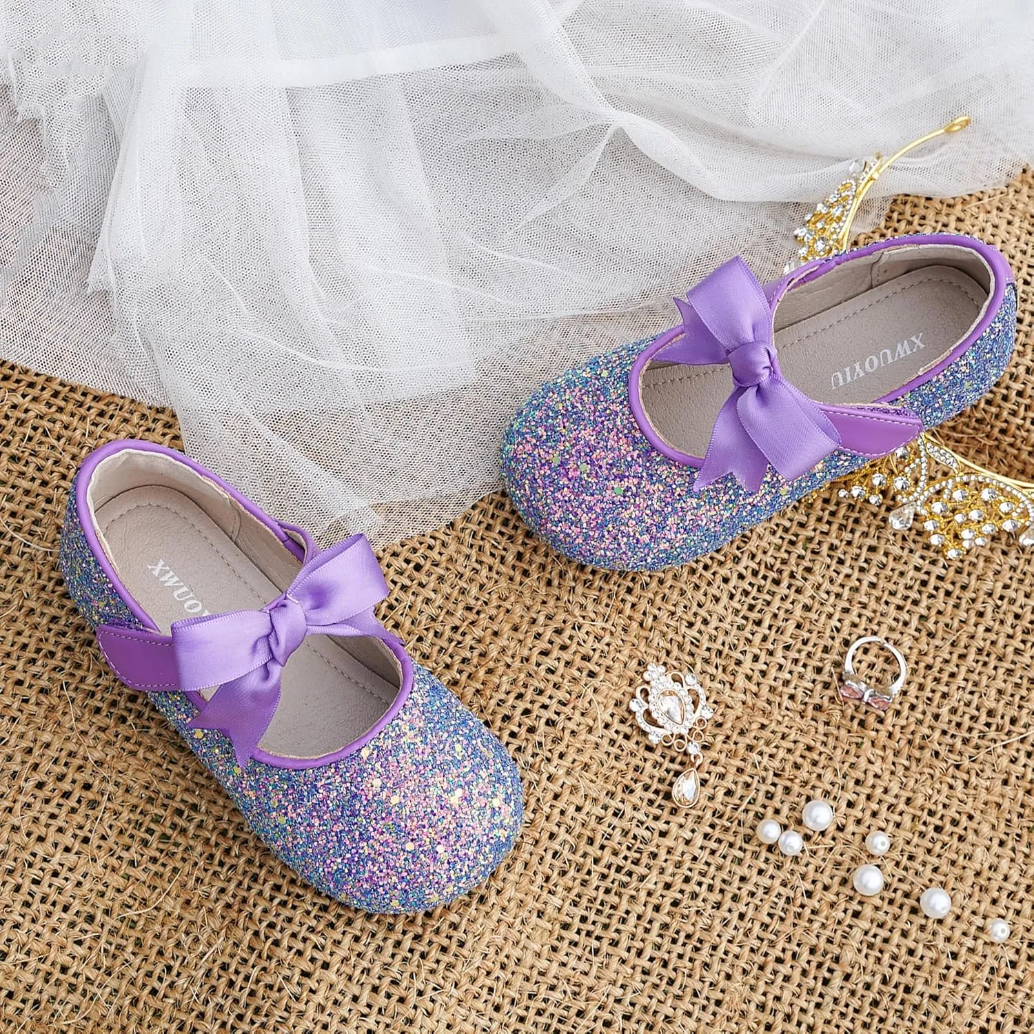 Toddler Girls Little Kid Ballet Front Ribbon Bows Crystal Flats Mary Jane Party Dress Shoes