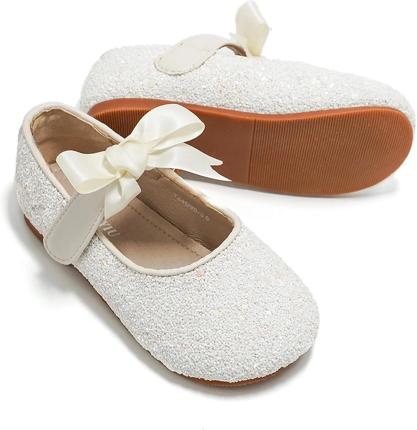 Toddler Girls Little Kid Ballet Front Ribbon Bows Crystal Flats Mary Jane Party Dress Shoes