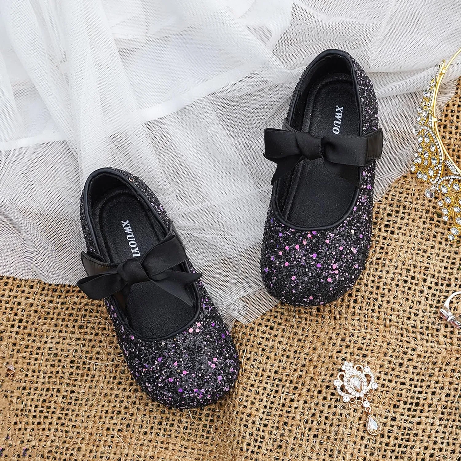 Toddler Girls Little Kid Ballet Front Ribbon Bows Crystal Flats Mary Jane Party Dress Shoes