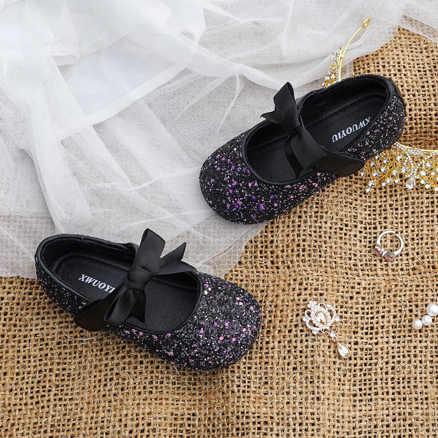 Toddler Girls Little Kid Ballet Front Ribbon Bows Crystal Flats Mary Jane Party Dress Shoes