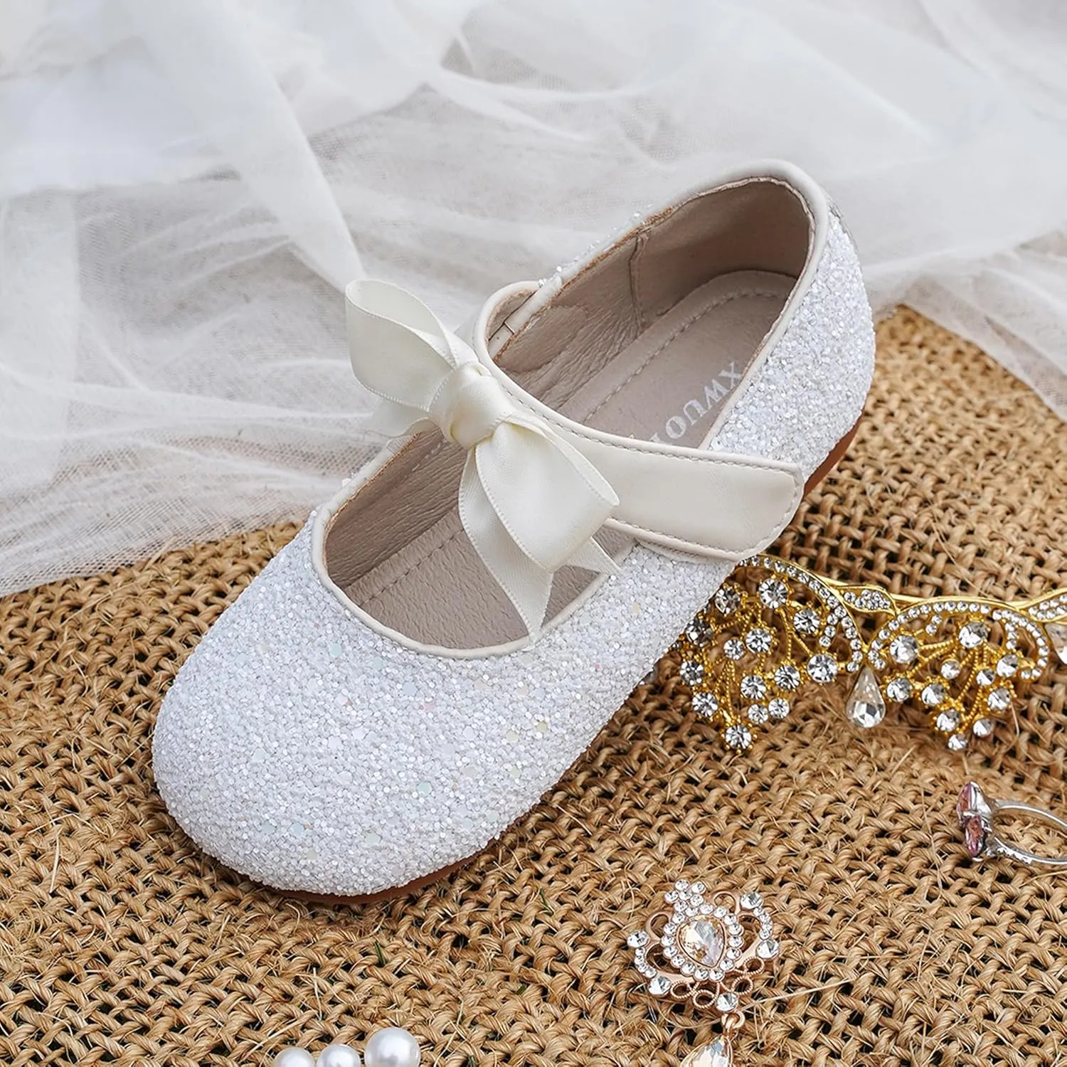Toddler Girls Little Kid Ballet Front Ribbon Bows Crystal Flats Mary Jane Party Dress Shoes