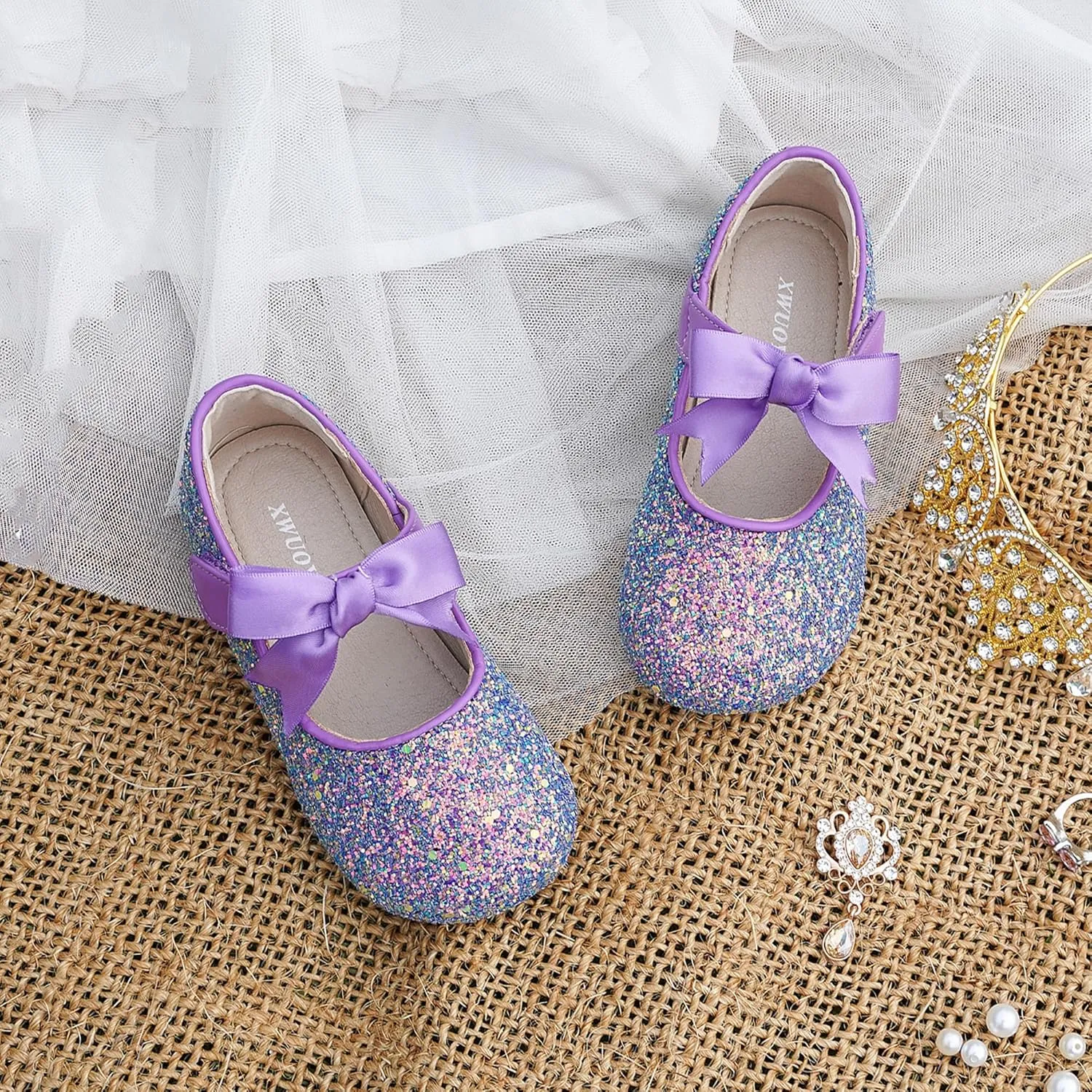Toddler Girls Little Kid Ballet Front Ribbon Bows Crystal Flats Mary Jane Party Dress Shoes