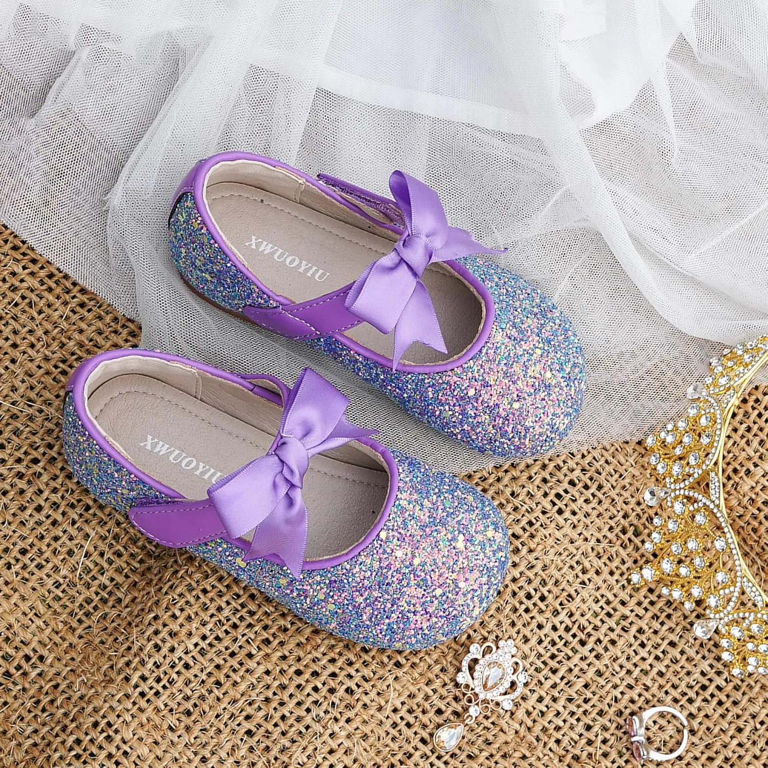 Toddler Girls Little Kid Ballet Front Ribbon Bows Crystal Flats Mary Jane Party Dress Shoes