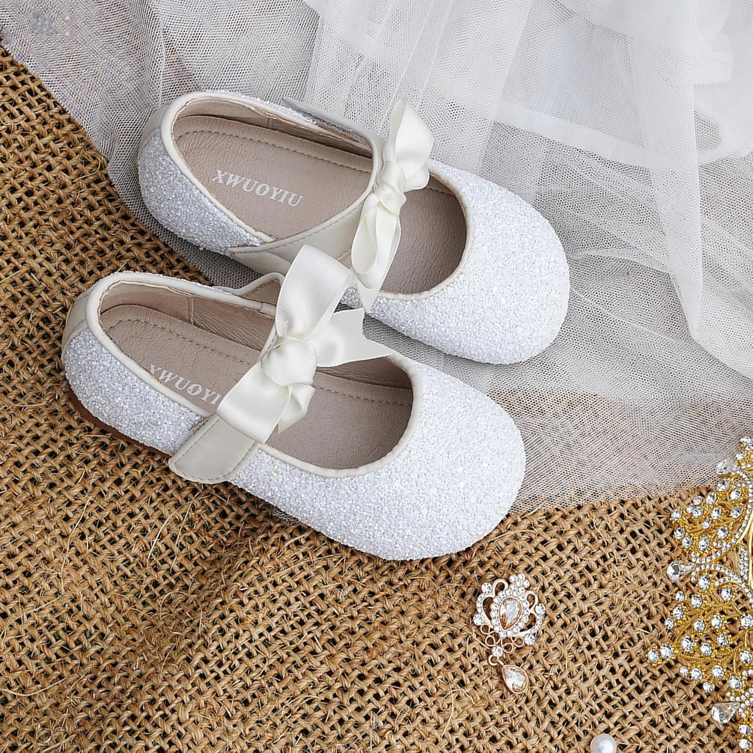 Toddler Girls Little Kid Ballet Front Ribbon Bows Crystal Flats Mary Jane Party Dress Shoes