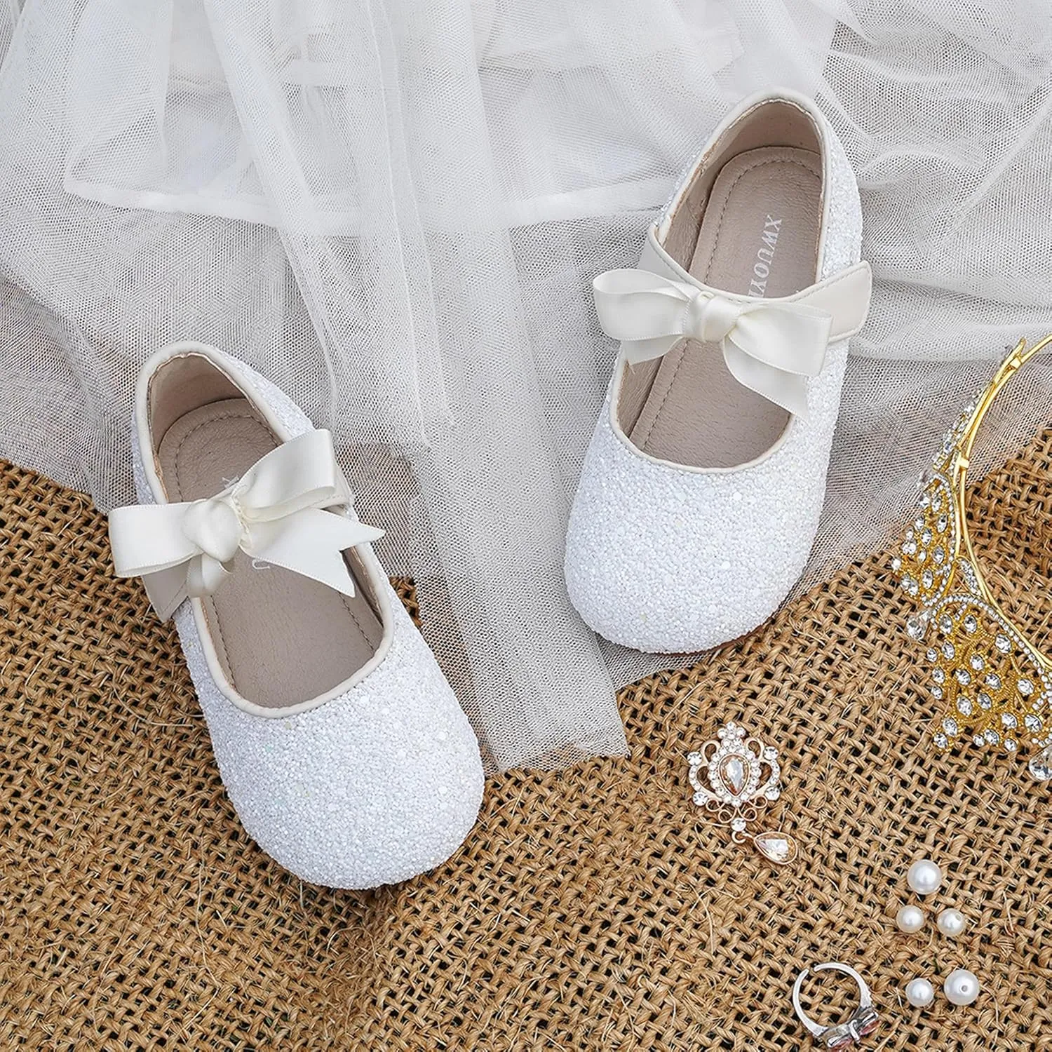 Toddler Girls Little Kid Ballet Front Ribbon Bows Crystal Flats Mary Jane Party Dress Shoes