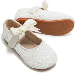 Toddler Girls Little Kid Ballet Front Ribbon Bows Crystal Flats Mary Jane Party Dress Shoes