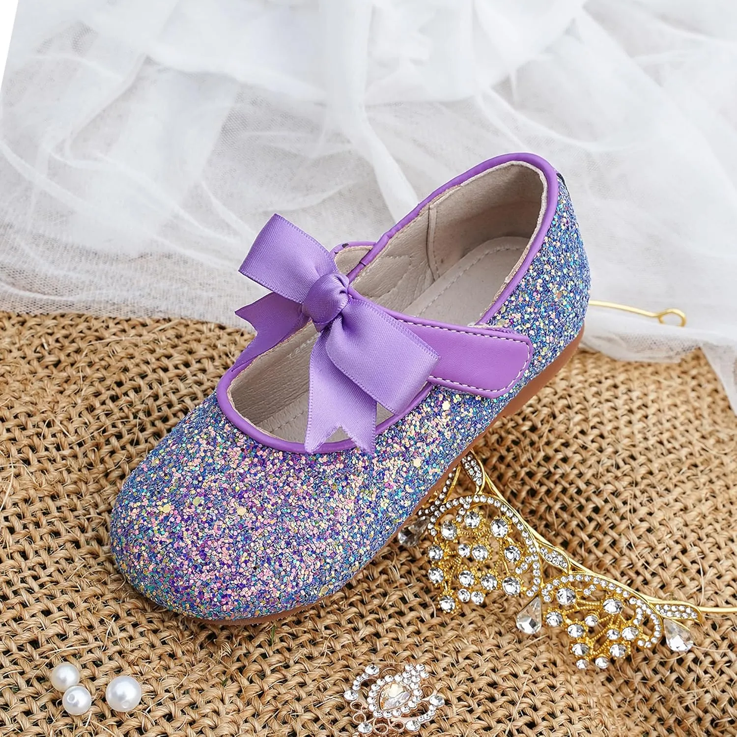 Toddler Girls Little Kid Ballet Front Ribbon Bows Crystal Flats Mary Jane Party Dress Shoes