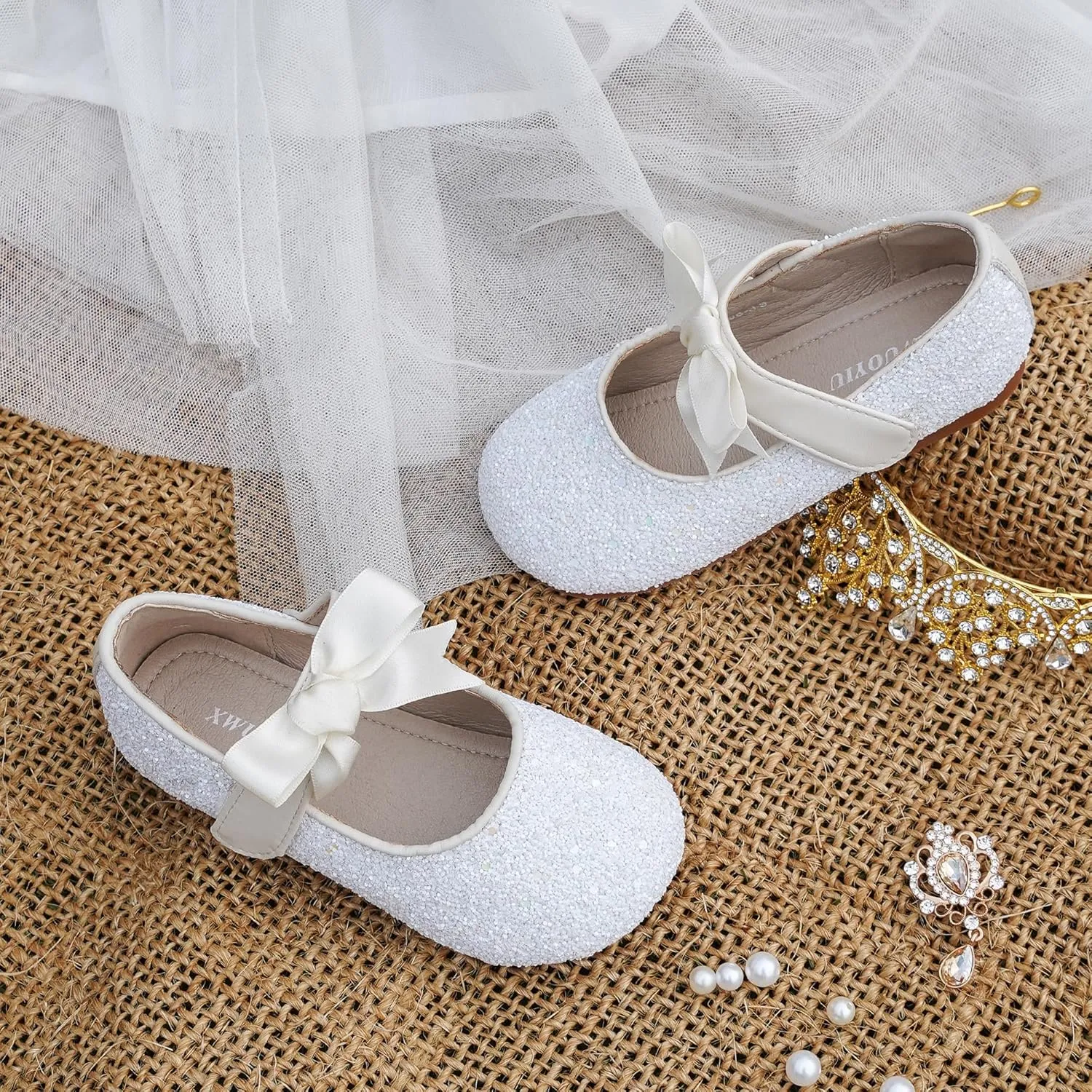 Toddler Girls Little Kid Ballet Front Ribbon Bows Crystal Flats Mary Jane Party Dress Shoes