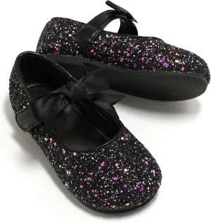 Toddler Girls Little Kid Ballet Front Ribbon Bows Crystal Flats Mary Jane Party Dress Shoes