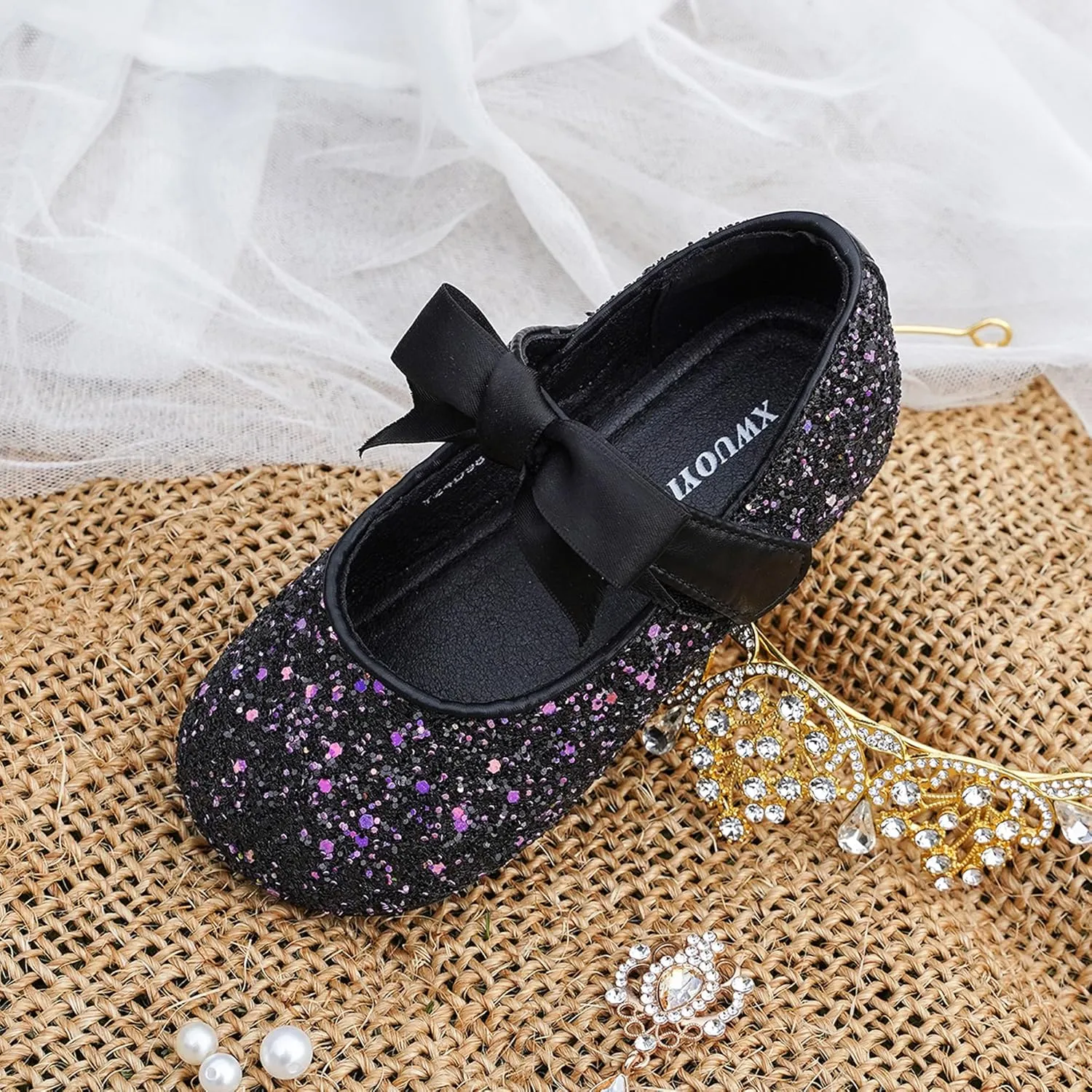 Toddler Girls Little Kid Ballet Front Ribbon Bows Crystal Flats Mary Jane Party Dress Shoes