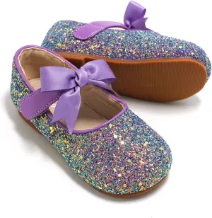 Toddler Girls Little Kid Ballet Front Ribbon Bows Crystal Flats Mary Jane Party Dress Shoes