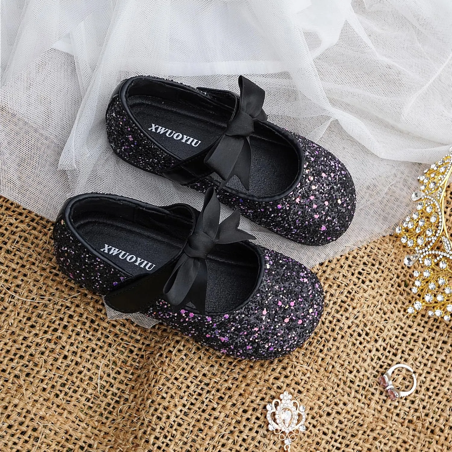 Toddler Girls Little Kid Ballet Front Ribbon Bows Crystal Flats Mary Jane Party Dress Shoes