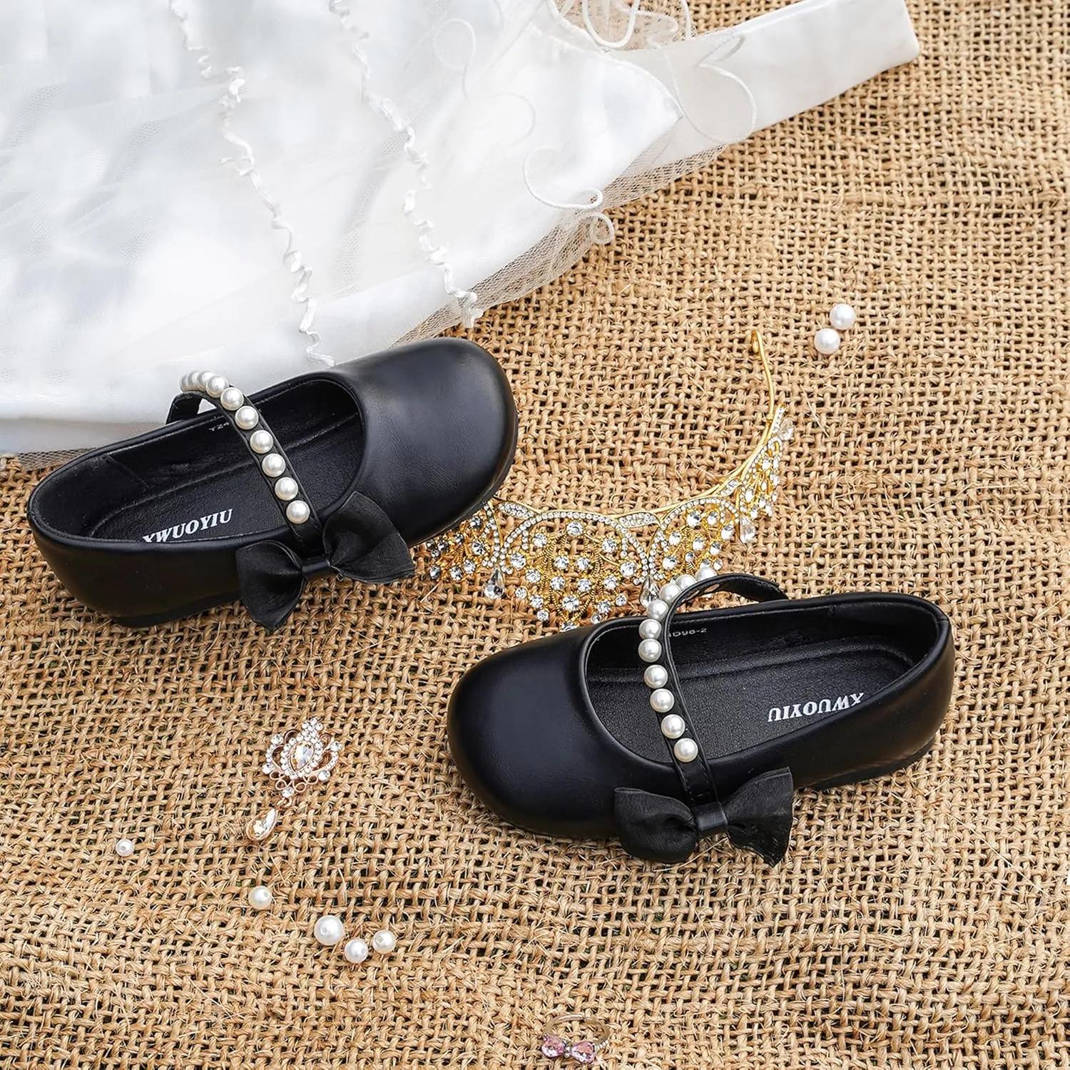 Toddler Girls Little Kid Ballet Pearl Ribbon Bows Flats Mary Jane Party Dress Shoes