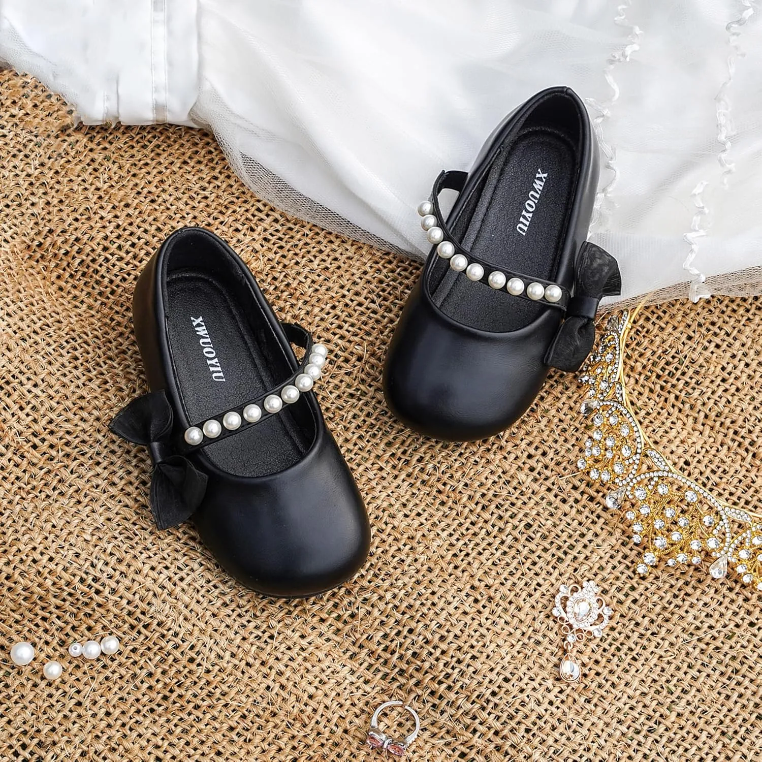 Toddler Girls Little Kid Ballet Pearl Ribbon Bows Flats Mary Jane Party Dress Shoes