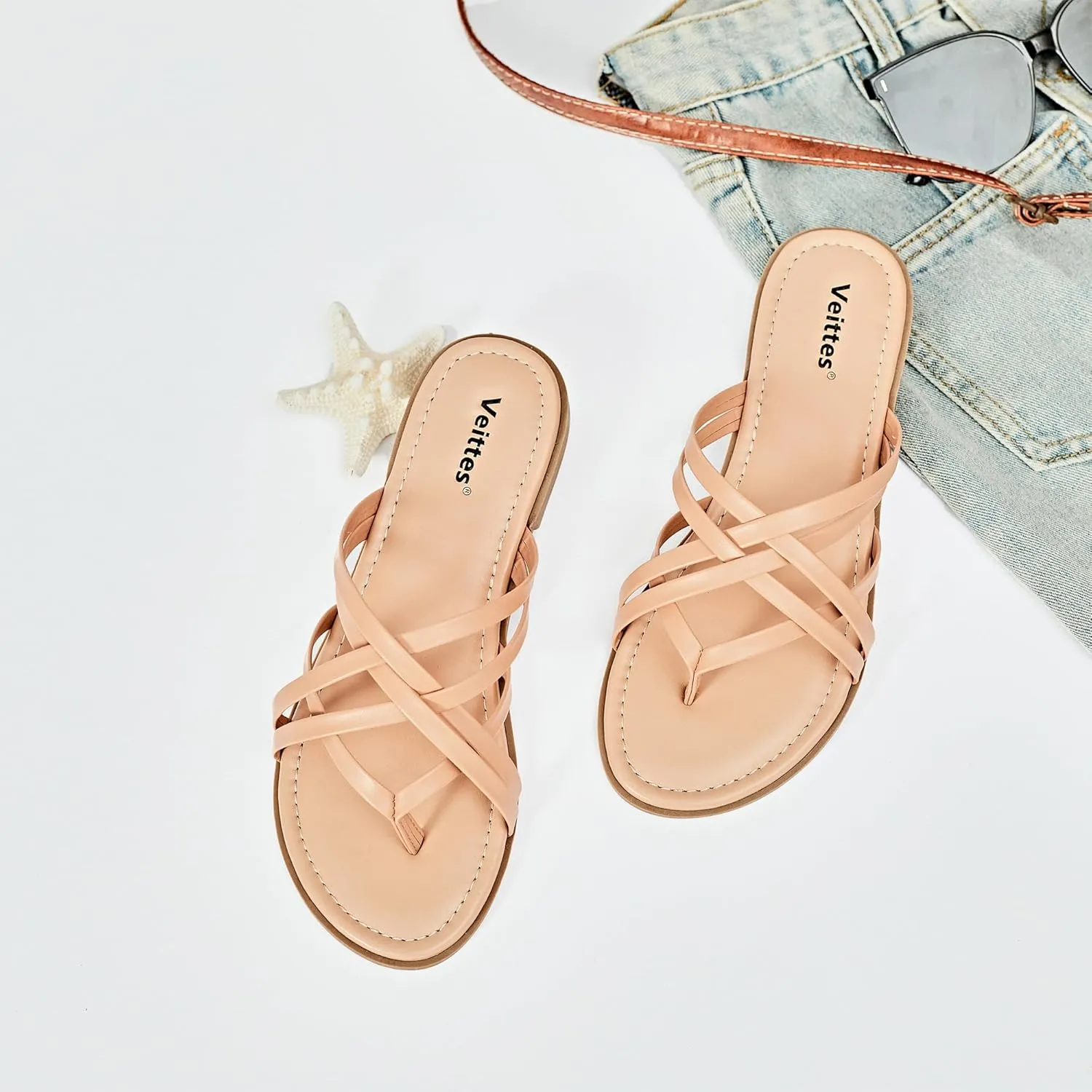 Veittes Women's Flat Slide Sandals - Comfort Casual Criss Cross Flat Summer Shoes.