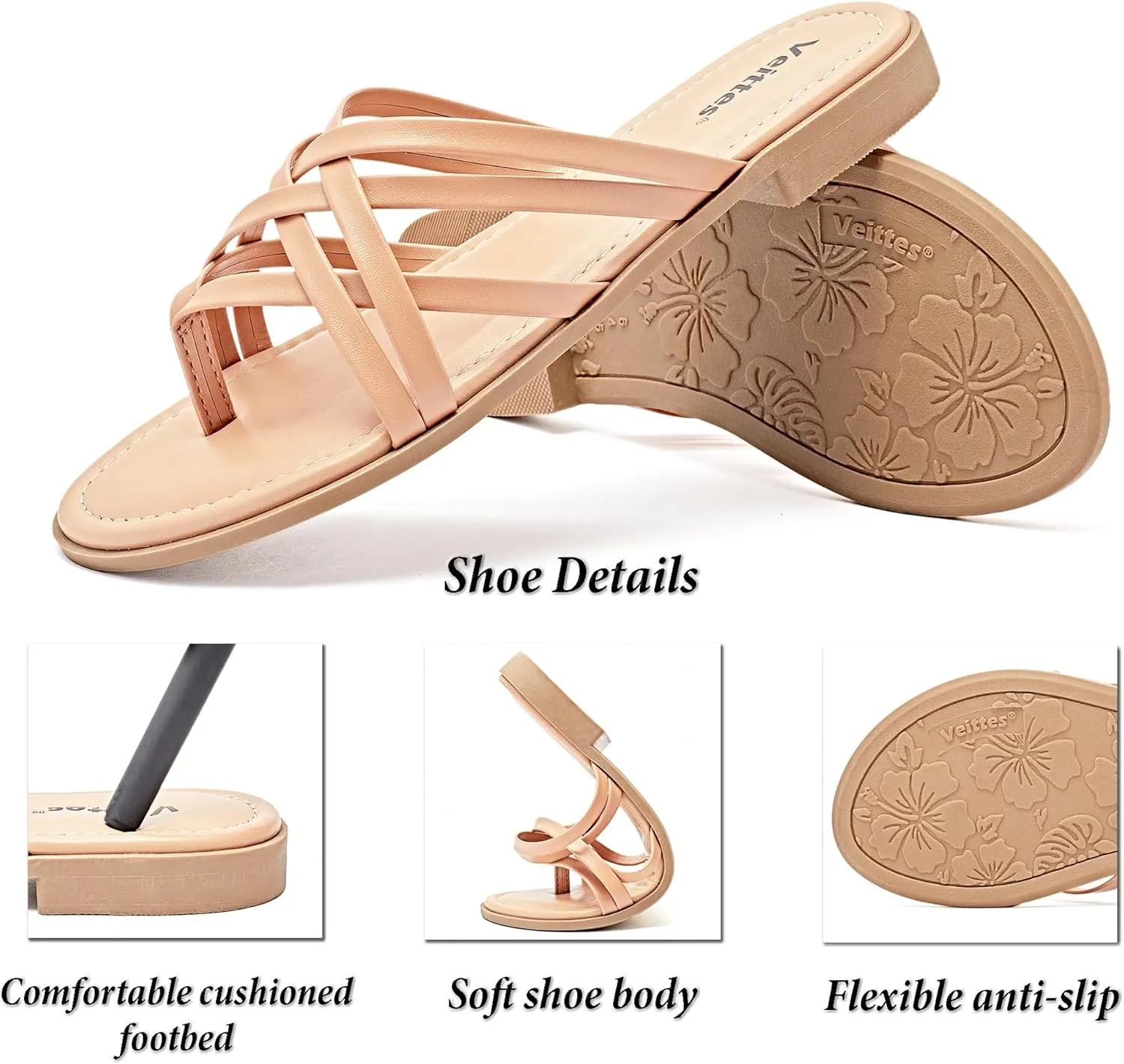 Veittes Women's Flat Slide Sandals - Comfort Casual Criss Cross Flat Summer Shoes.