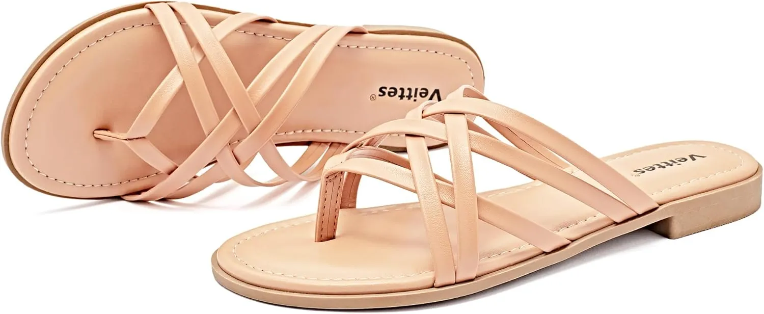 Veittes Women's Flat Slide Sandals - Comfort Casual Criss Cross Flat Summer Shoes.
