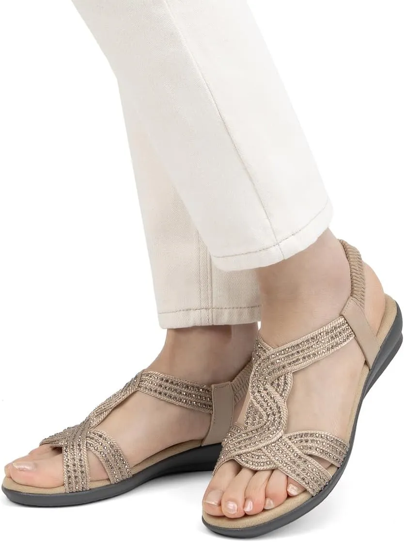 VJH confort Women's Flat Sandals Rhinestone Stretchy Strap Low Wedge Comfy Dressy Walking Sandals