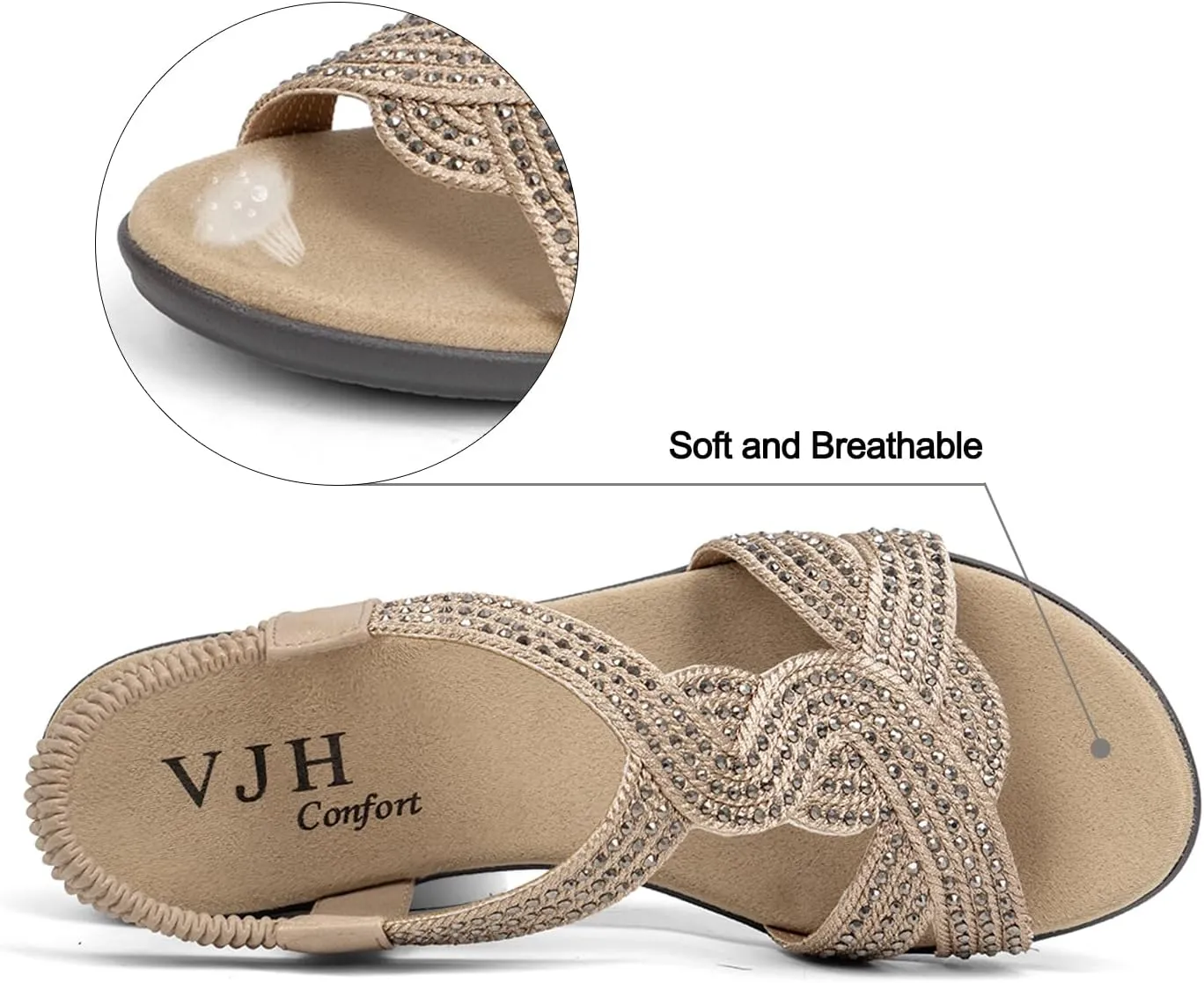 VJH confort Women's Flat Sandals Rhinestone Stretchy Strap Low Wedge Comfy Dressy Walking Sandals