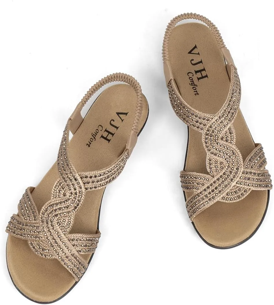 VJH confort Women's Flat Sandals Rhinestone Stretchy Strap Low Wedge Comfy Dressy Walking Sandals