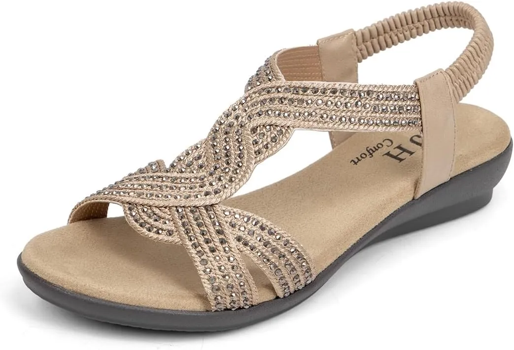 VJH confort Women's Flat Sandals Rhinestone Stretchy Strap Low Wedge Comfy Dressy Walking Sandals