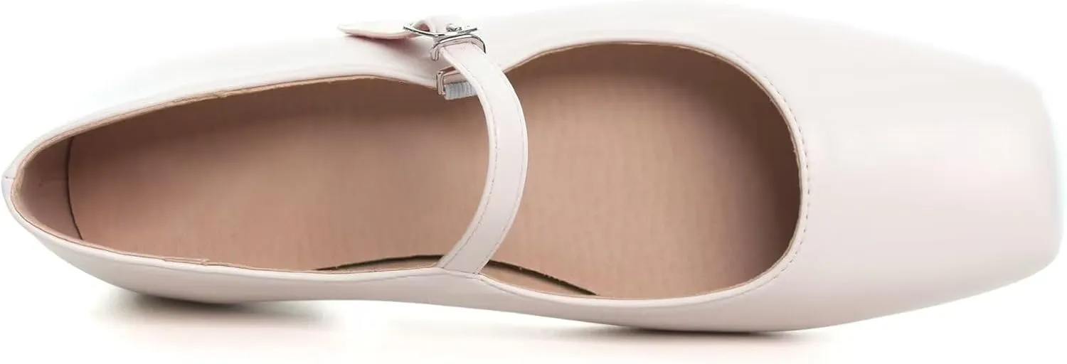 WENJIAZHIZHI Womens Squared Toe Mary Janes Adjustable Buckle Ballet Flats Solid Color Elegant Office Lady Low-Heels Wedding Dressy Shoes