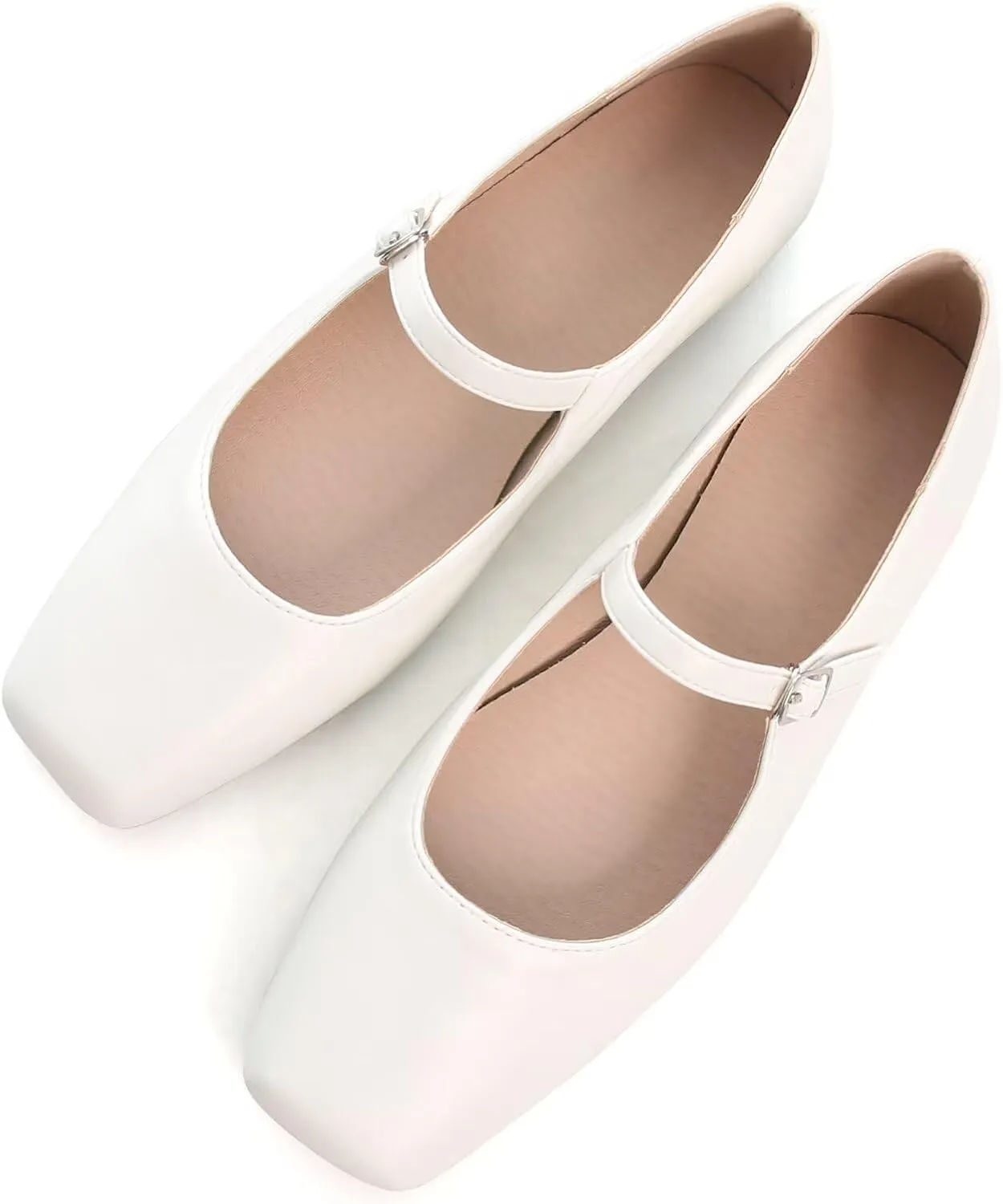 WENJIAZHIZHI Womens Squared Toe Mary Janes Adjustable Buckle Ballet Flats Solid Color Elegant Office Lady Low-Heels Wedding Dressy Shoes