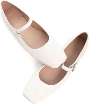 WENJIAZHIZHI Womens Squared Toe Mary Janes Adjustable Buckle Ballet Flats Solid Color Elegant Office Lady Low-Heels Wedding Dressy Shoes
