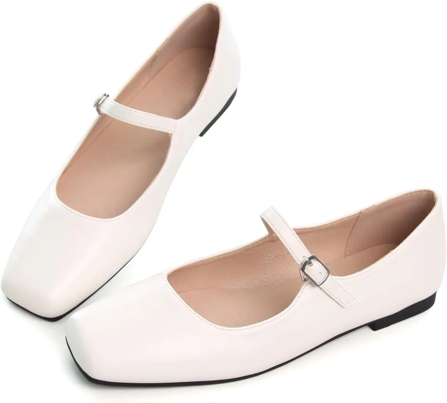 WENJIAZHIZHI Womens Squared Toe Mary Janes Adjustable Buckle Ballet Flats Solid Color Elegant Office Lady Low-Heels Wedding Dressy Shoes