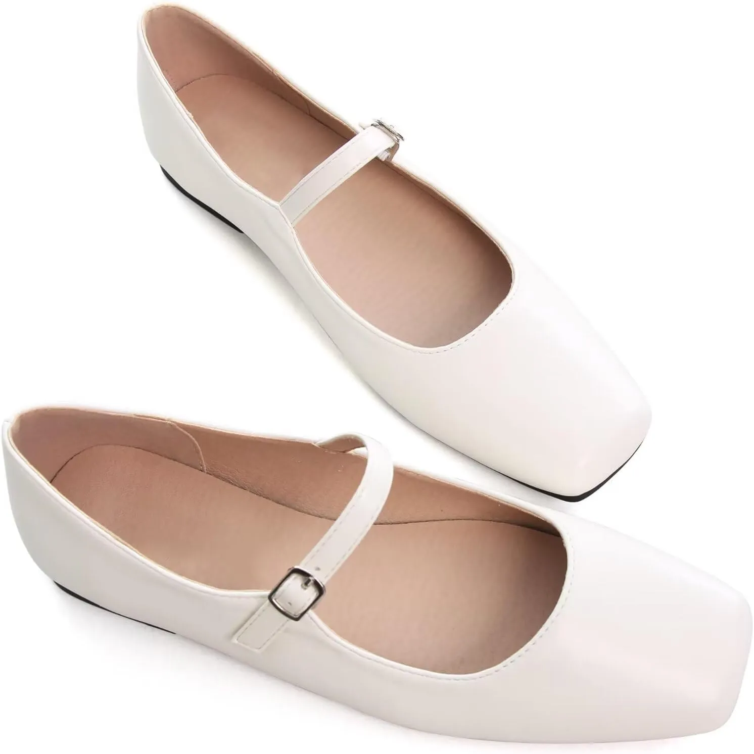 WENJIAZHIZHI Womens Squared Toe Mary Janes Adjustable Buckle Ballet Flats Solid Color Elegant Office Lady Low-Heels Wedding Dressy Shoes