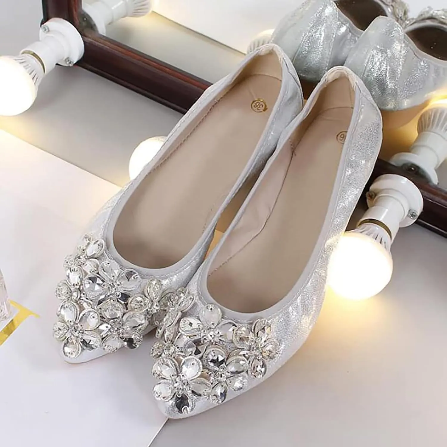 Women Ballet Flats Bling Cute Rhinestone Wedding Ballerina Shoes Foldable Sparkly Comfort Slip on Flat Shoes