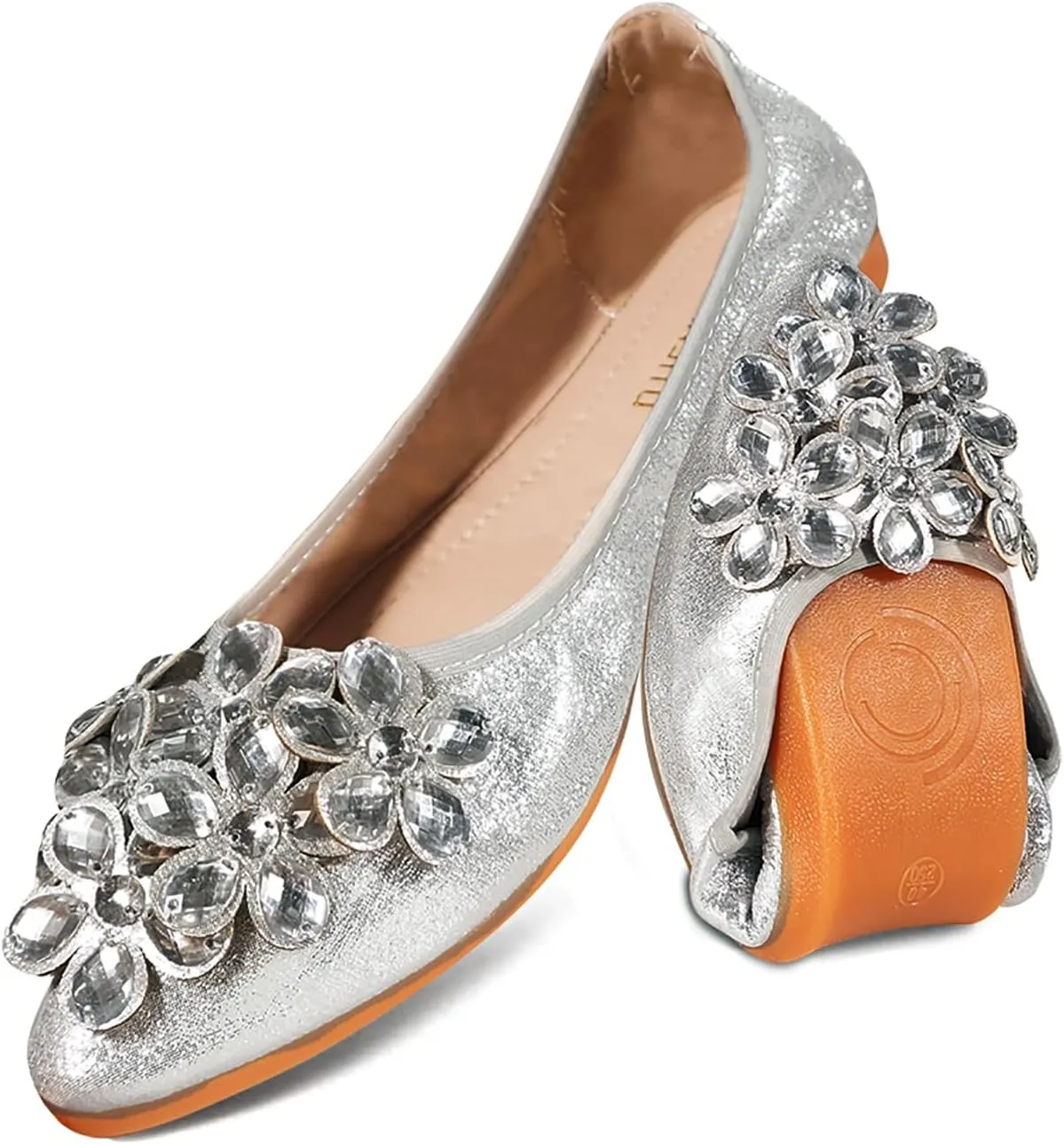 Women Ballet Flats Bling Cute Rhinestone Wedding Ballerina Shoes Foldable Sparkly Comfort Slip on Flat Shoes