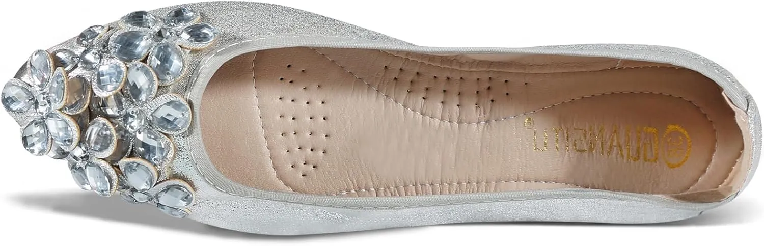Women Ballet Flats Bling Cute Rhinestone Wedding Ballerina Shoes Foldable Sparkly Comfort Slip on Flat Shoes