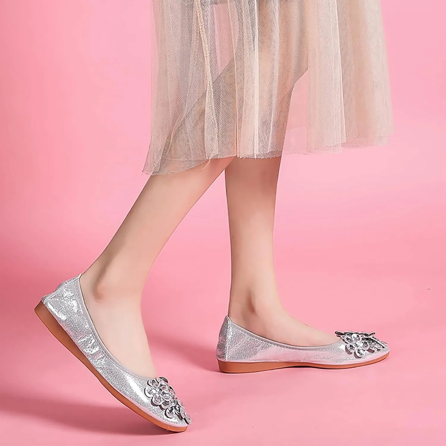 Women Ballet Flats Bling Cute Rhinestone Wedding Ballerina Shoes Foldable Sparkly Comfort Slip on Flat Shoes