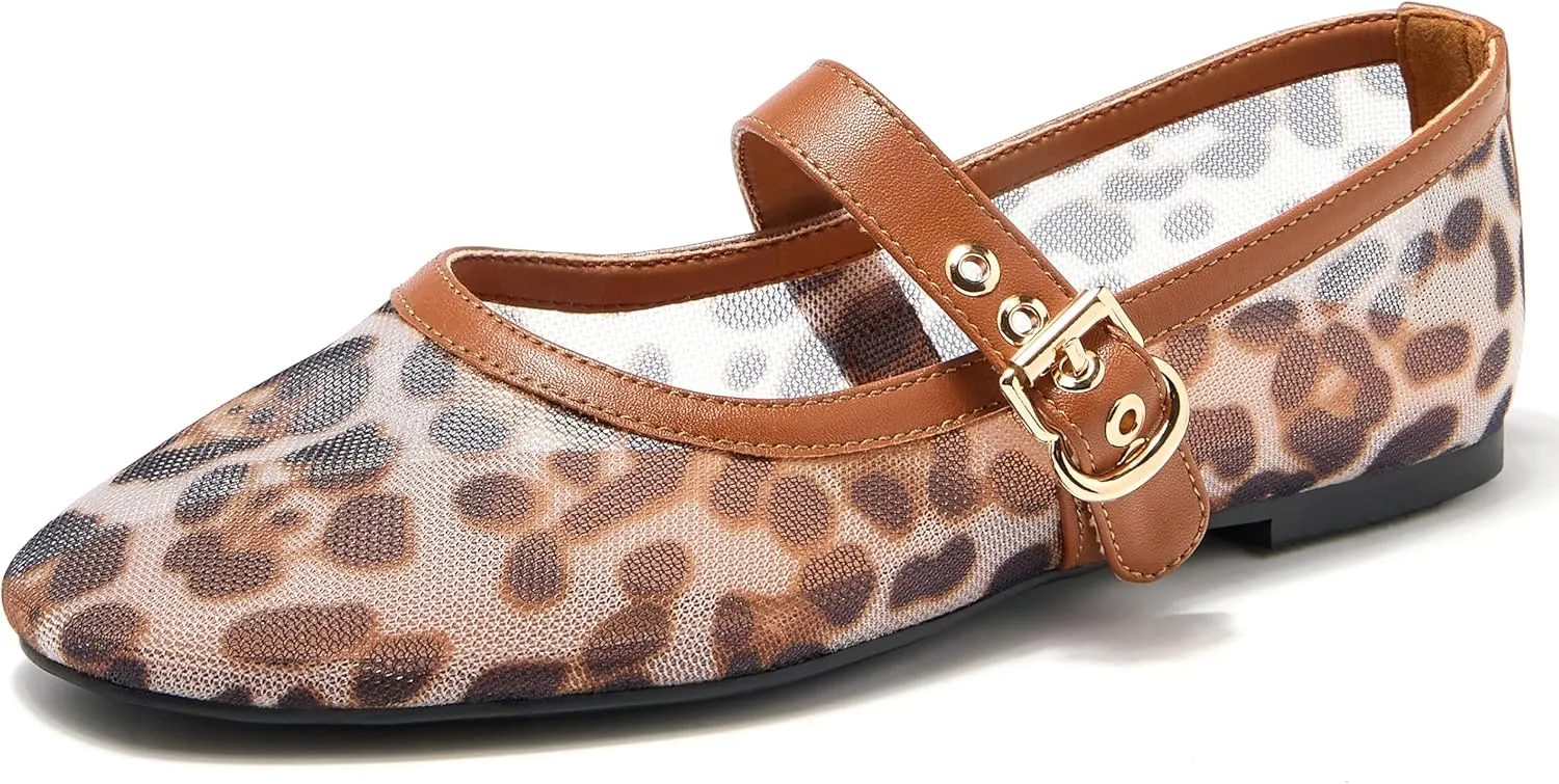 Women Leopard Mesh Ballet Flats Round Toe Buckle Mary Jane Flat Comfortable Casual Ballerina Shoes