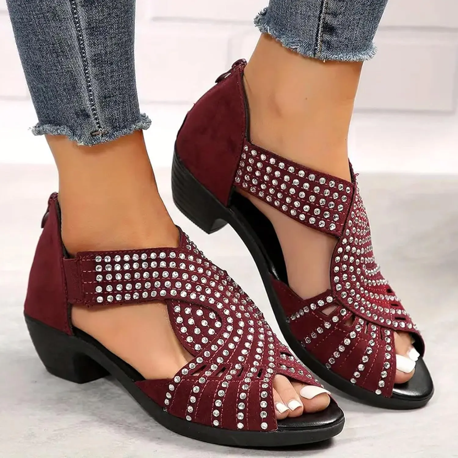 Women Point Toe Sandals Rhinestone Decor Open-Toe Roman Snadal with Back Zipper Summer Dressy Casual Shoes