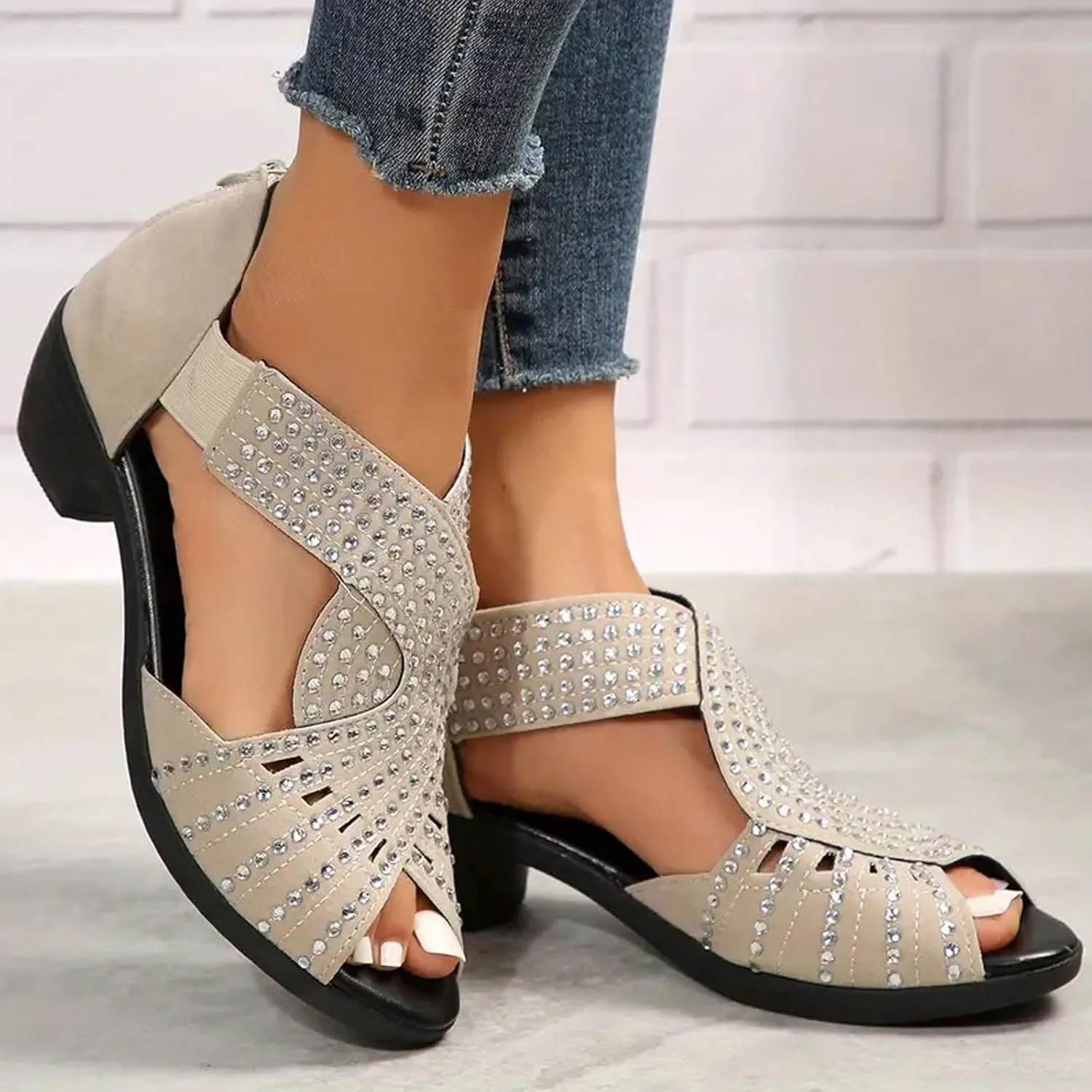 Women Point Toe Sandals Rhinestone Decor Open-Toe Roman Snadal with Back Zipper Summer Dressy Casual Shoes