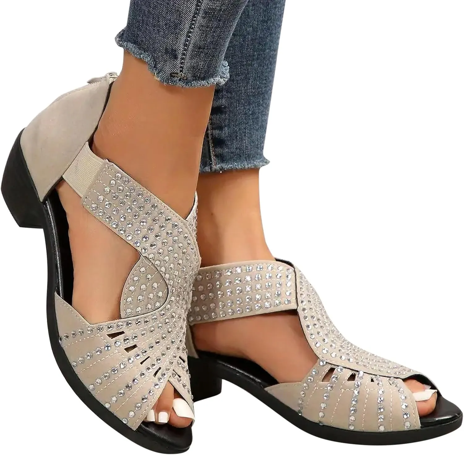 Women Point Toe Sandals Rhinestone Decor Open-Toe Roman Snadal with Back Zipper Summer Dressy Casual Shoes