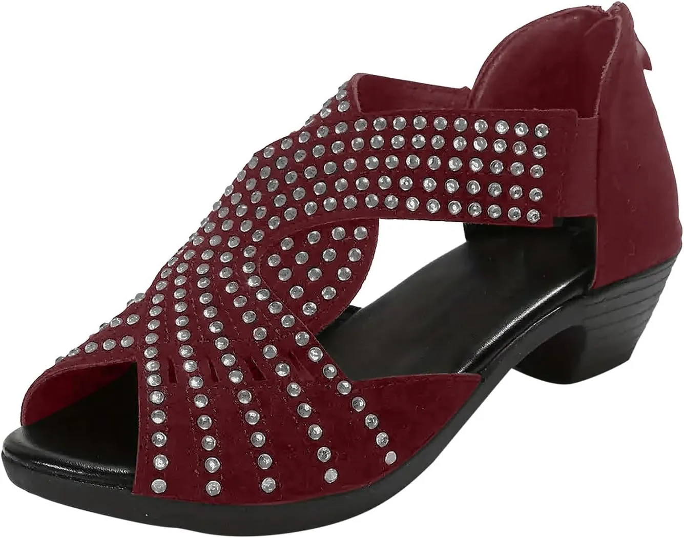 Women Point Toe Sandals Rhinestone Decor Open-Toe Roman Snadal with Back Zipper Summer Dressy Casual Shoes