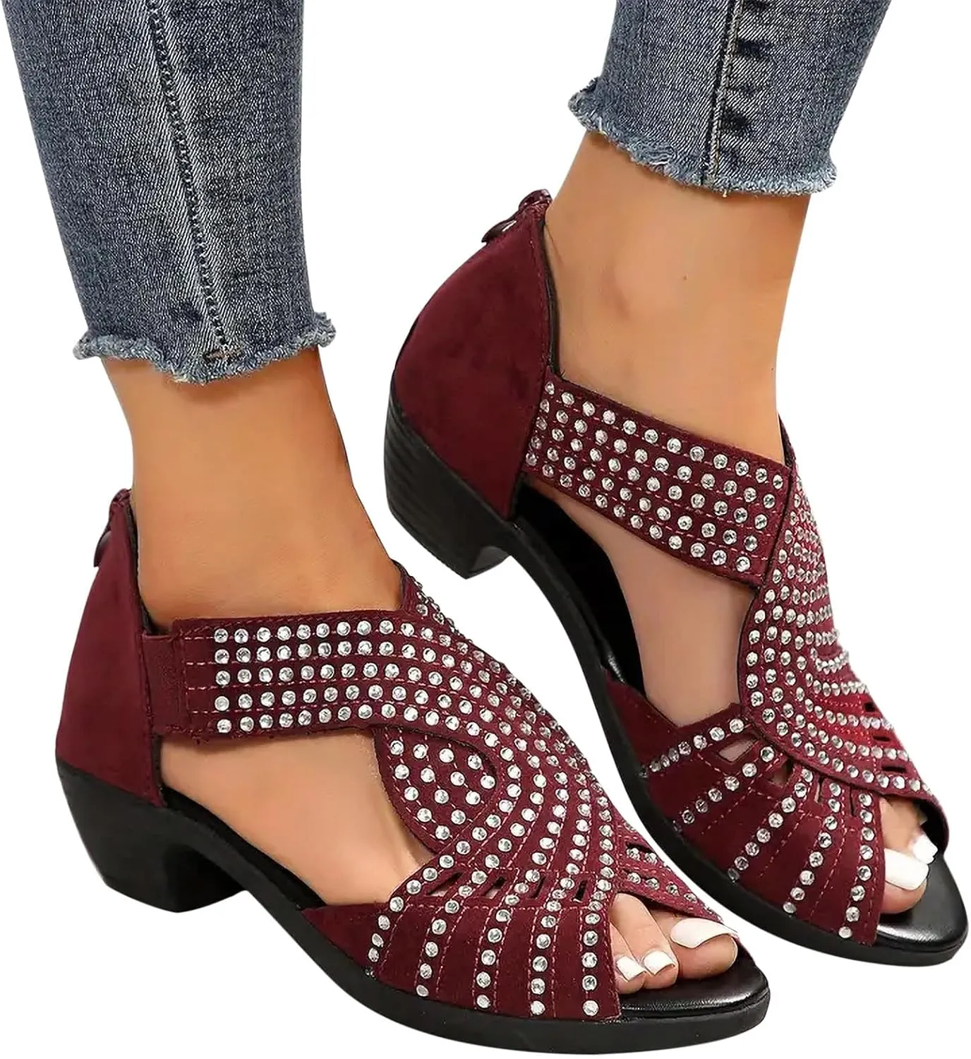 Women Point Toe Sandals Rhinestone Decor Open-Toe Roman Snadal with Back Zipper Summer Dressy Casual Shoes