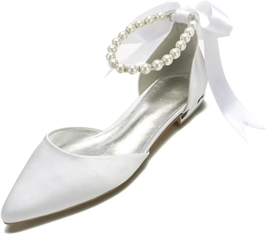 Women Satin Pearls Wedding Flats Shoes for Bride Pointed Toe Prom Evening Bridal Party Dress Flats