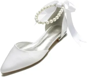 Women Satin Pearls Wedding Flats Shoes for Bride Pointed Toe Prom Evening Bridal Party Dress Flats