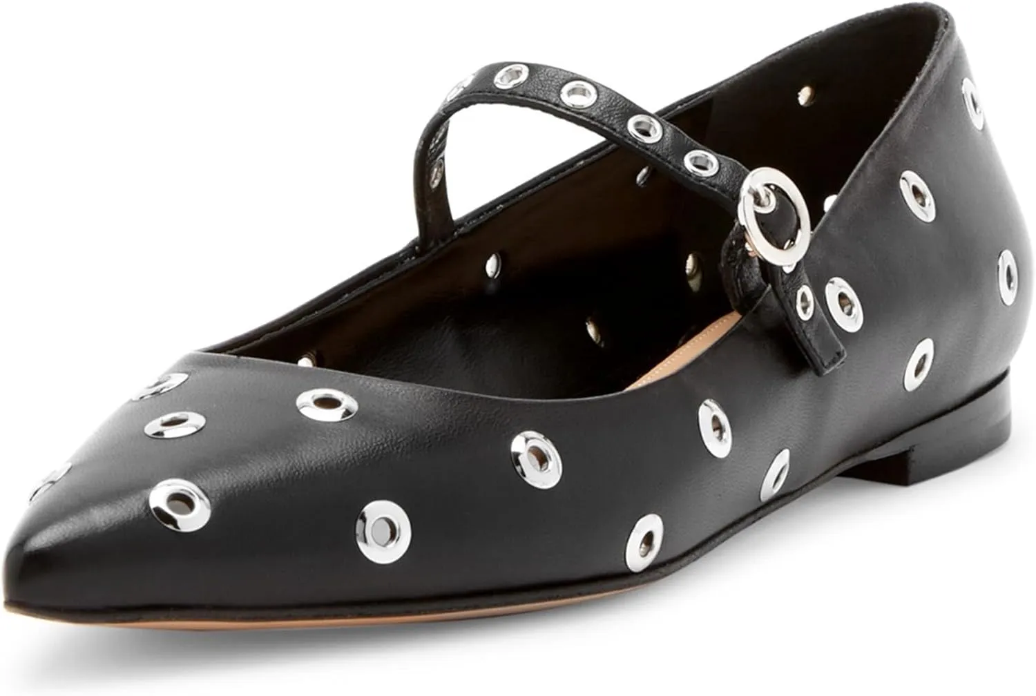 Women Studded Ballet Flats Perforated Mary Jane Flats Pointed Toe Black Ballerina Shoes