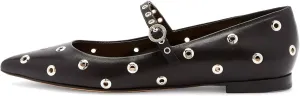 Women Studded Ballet Flats Perforated Mary Jane Flats Pointed Toe Black Ballerina Shoes