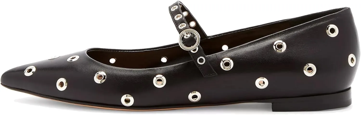 Women Studded Ballet Flats Perforated Mary Jane Flats Pointed Toe Black Ballerina Shoes