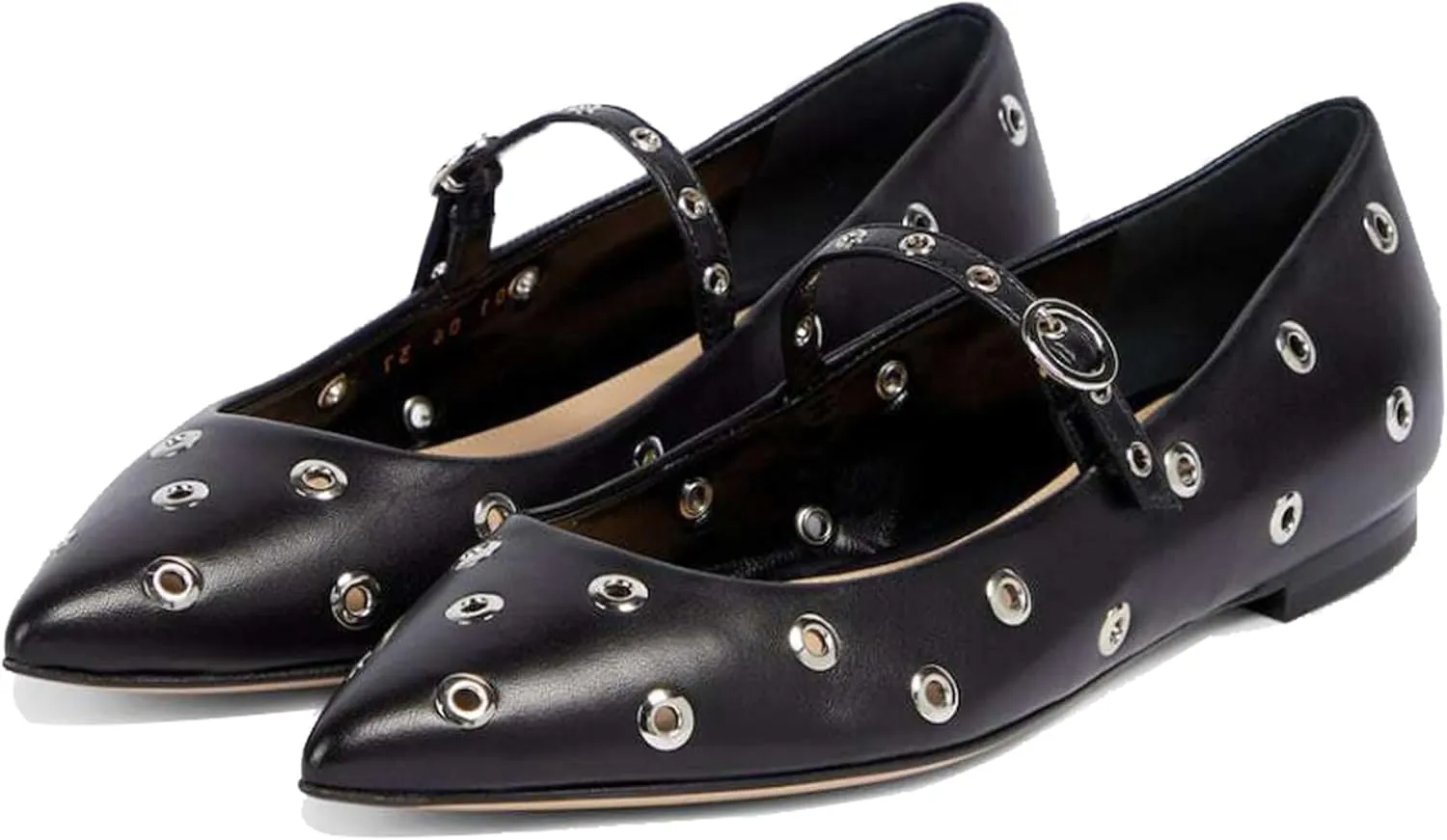 Women Studded Ballet Flats Perforated Mary Jane Flats Pointed Toe Black Ballerina Shoes