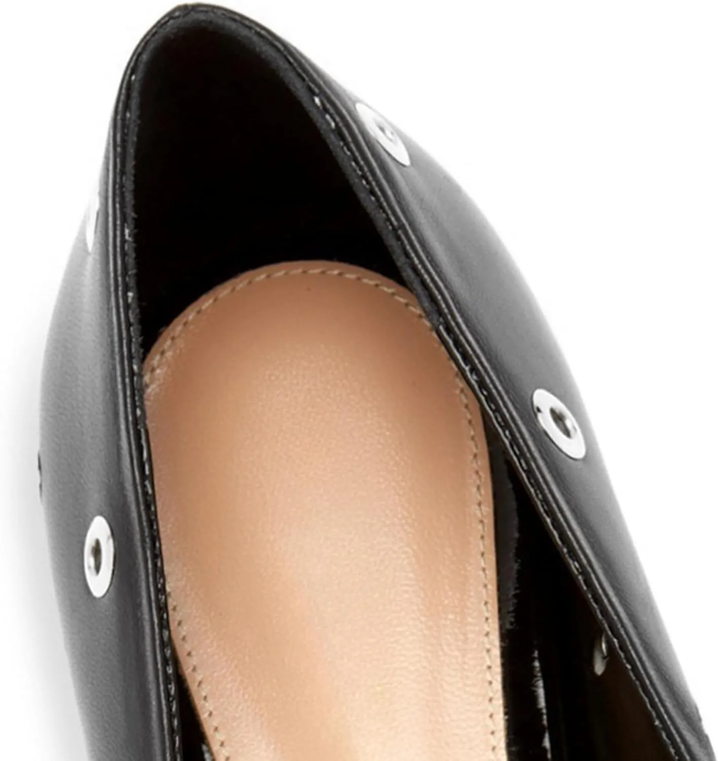 Women Studded Ballet Flats Perforated Mary Jane Flats Pointed Toe Black Ballerina Shoes