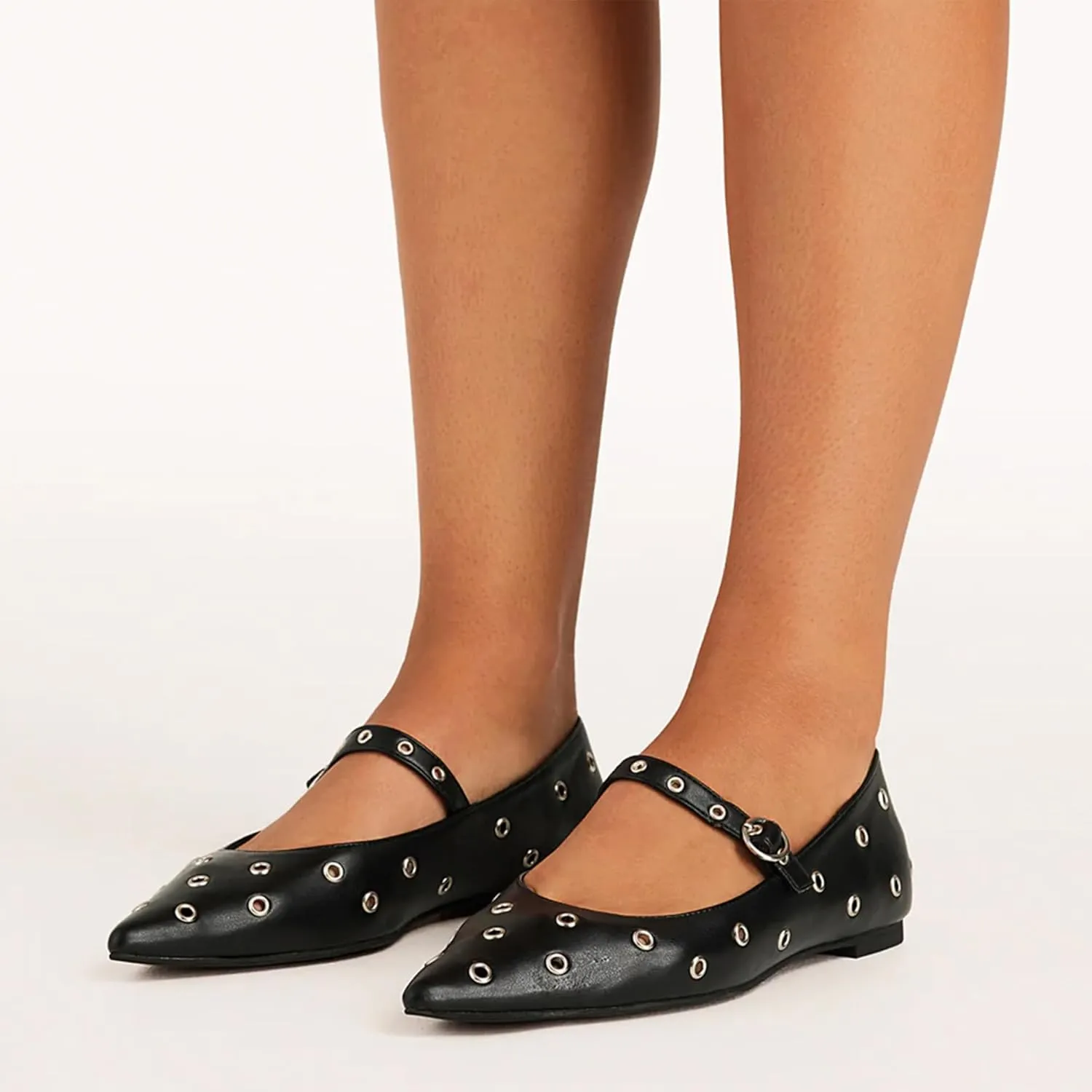 Women Studded Ballet Flats Perforated Mary Jane Flats Pointed Toe Black Ballerina Shoes