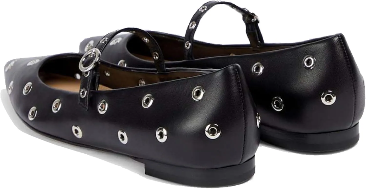 Women Studded Ballet Flats Perforated Mary Jane Flats Pointed Toe Black Ballerina Shoes
